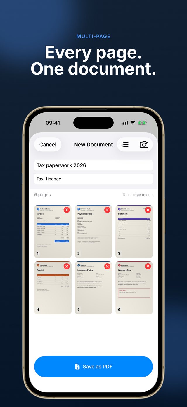Multi-page document editor with title and tags